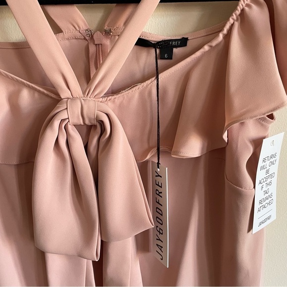 JAY GODFREY Pink Mini Dress Ruffle and Bow Details Off the Shoulder NWT - Picture 5 of 16